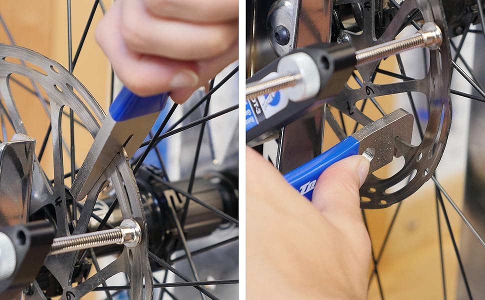 Park Tool DT-2 Truing Fork in use in conjunction with DT-3 Rotor Truing Gauge